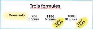 Tarif des cours de natation solo. Possibilité de payer au cours, un abonnement de 5 cours ou de 10 cours. 