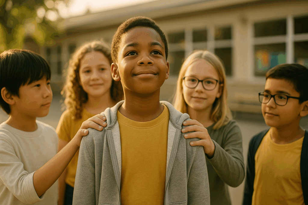 Un groupe d’enfants montre son soutien à un camarade en lui posant les mains sur les épaules, symbole de confiance et de solidarité contre le harcèlement scolaire enfant.