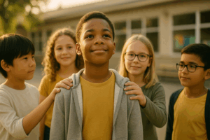 Ressources 2 Un groupe d’enfants montre son soutien à un camarade en lui posant les mains sur les épaules, symbole de confiance et de solidarité contre le harcèlement scolaire enfant.