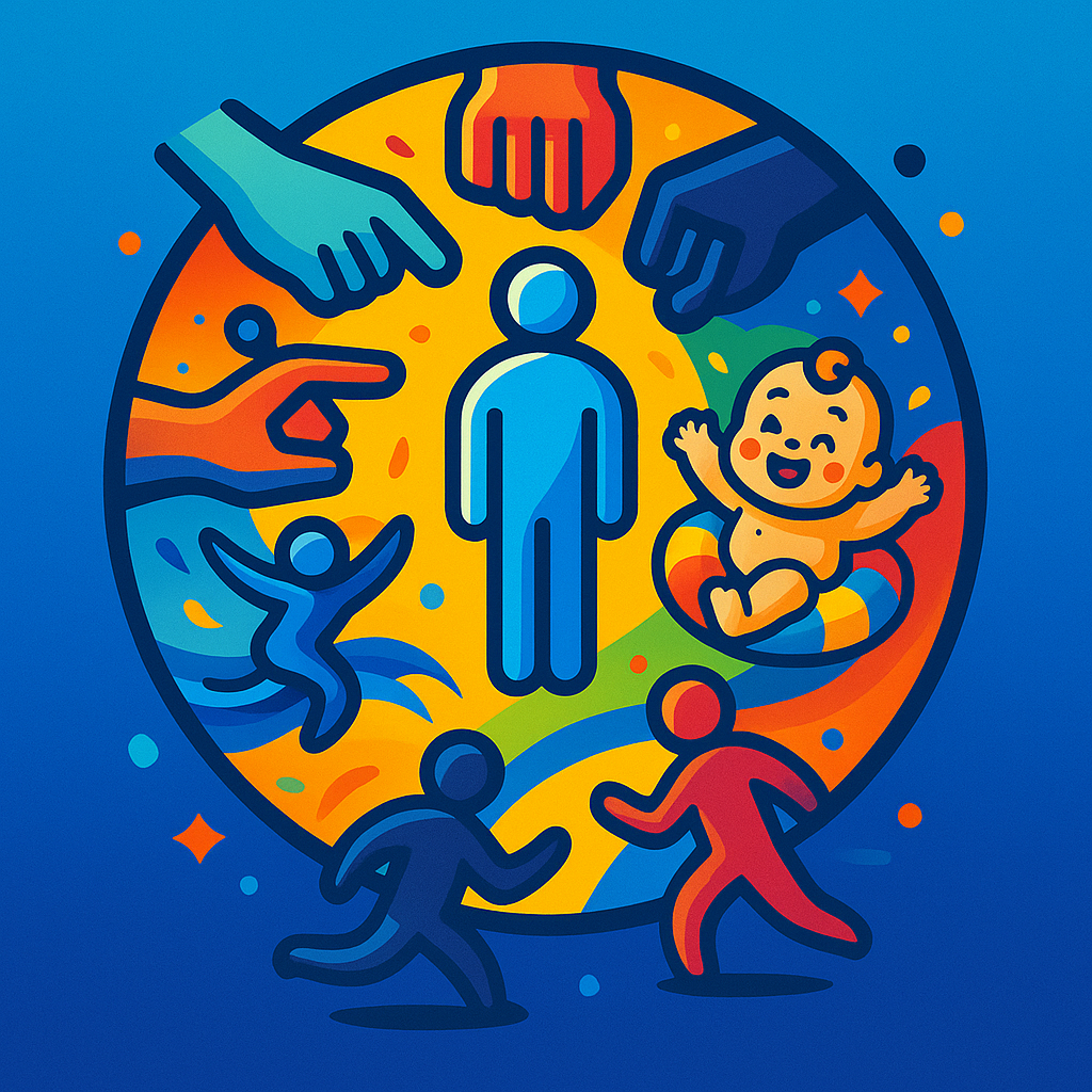 Illustration symbolique représentant la bienveillance et l’accompagnement de l’enfant à travers la psychomotricité, la natation et la prévention du harcèlement.