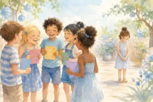 Petite fille sans invitation d'anniversaire pendant que d'autres enfants en tiennent une, illustrant le harcèlement social et l'exclusion chez l'enfant