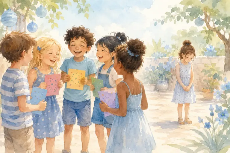 Petite fille sans invitation d'anniversaire pendant que d'autres enfants en tiennent une, illustrant le harcèlement social et l'exclusion chez l'enfant